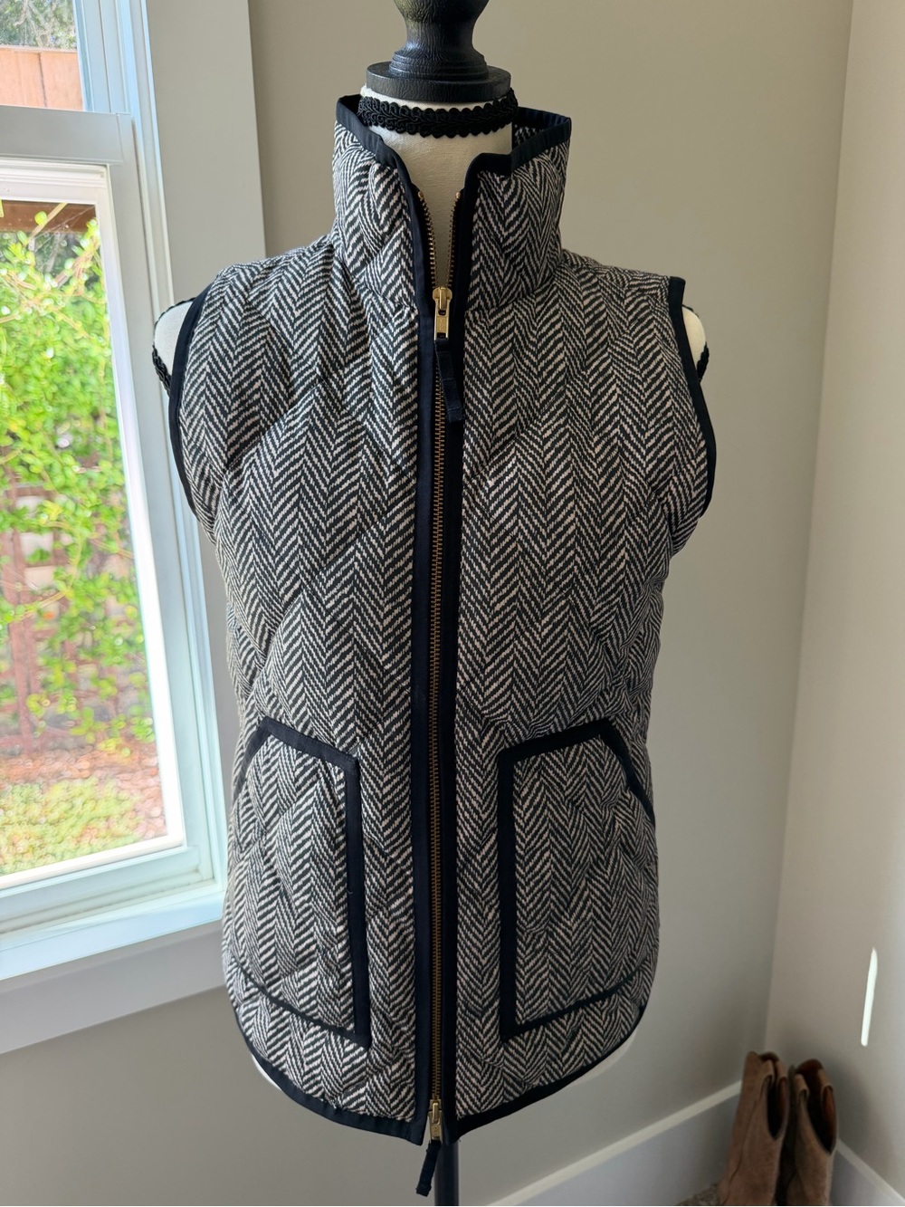J. Crew Quilted Herringbone Zip Vest in Black and White